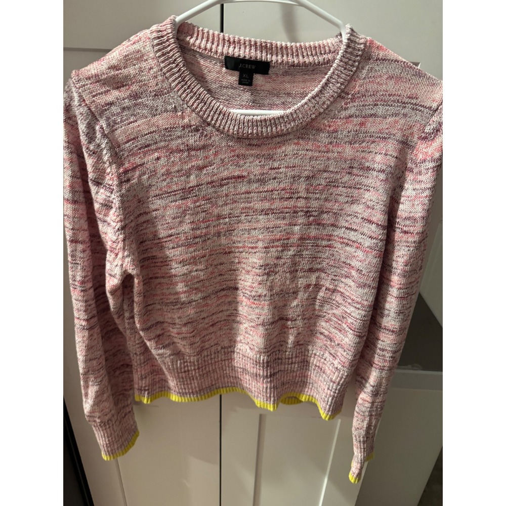 J.Crew Womens XL Space Dye Knit Sweater Pink Purple Neon Yellow Trim Crewneck